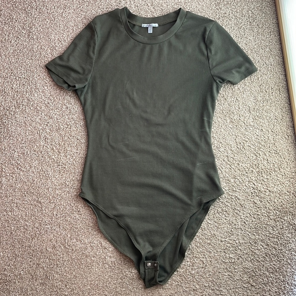 Medium, dark green, ribbed, body suit.